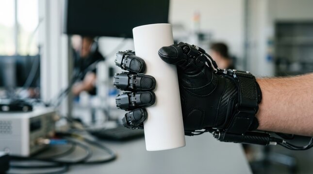 Robotic exoskeleton glove holding a white cylinder in a laboratory