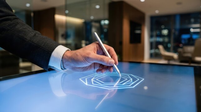 Business professional using a digital stylus on an interactive touch screen table
