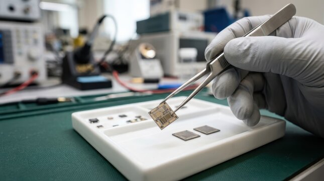 A technician in a laboratory holding a microchip with tweezers