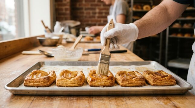 Baker brushing glaze on fresh apple danish pastries in a bakery kitchen