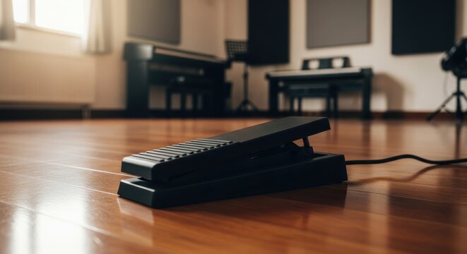 Black Matte Digital Keyboard Sustain Pedal on Wooden Floor in Music Studio Setting