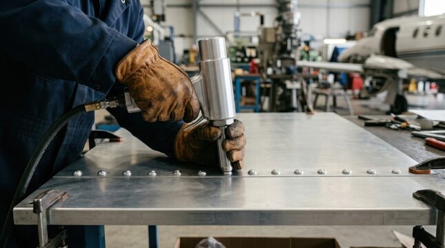 Aircraft mechanic using a pneumatic rivet gun on an aluminum metal panel