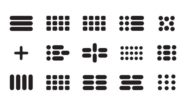 Various black icons representing menu functions and app elements on transparent background vector collection.