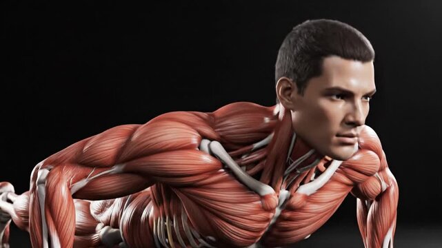 3D illustration of human male muscular system doing push ups for fitness and medical education
