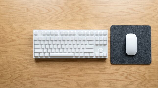 Minimalist Top View of White Mechanical Keyboard and Mouse on Desk