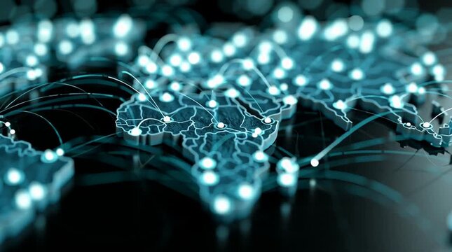 a detailed, high angle, eye level shot of a three dimensional, stylized world map with illuminated global connections, on a dark background. the map is rendered in a blue or teal hue, with landmasses 
