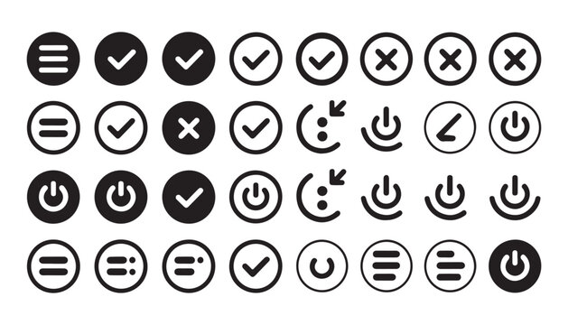 Solid black icons in circles for menu power button check mark cross and navigation elements vector set.