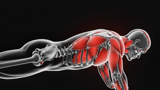 3D medical illustration of a male figure performing pushups highlighting active muscles and skeletal structure against black background