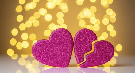 Obraz premium Two glittery pink hearts with one broken in half on a white surface illustration