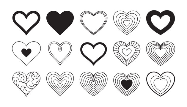 Heart icon set, black outline and solid heart shapes with concentric designs, vector collection.