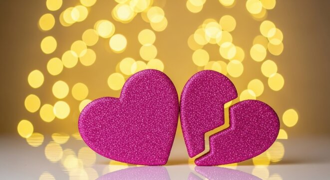 Two glittery pink hearts with one broken in half on a white surface illustration
