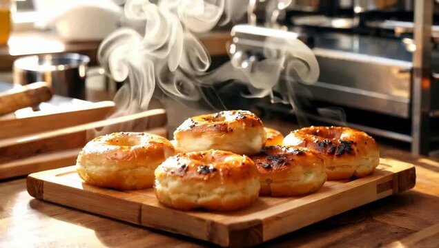 Steaming bagels on wooden board with kitchen background