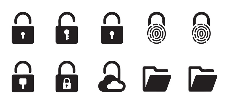 Group of simple black padlock icons and file folder symbols for modern digital security applications.