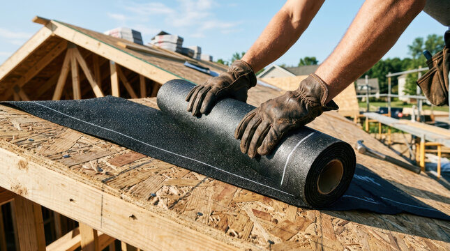 Construction worker installing roofing underlayment on a wooden roof deck
