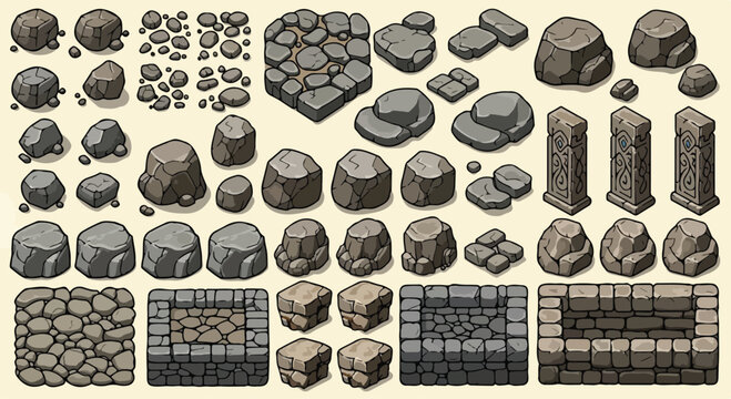 Isometric stone game assets, cartoon rock and boulder collection, grey cobblestone paths and ancient ruins vector set for level design