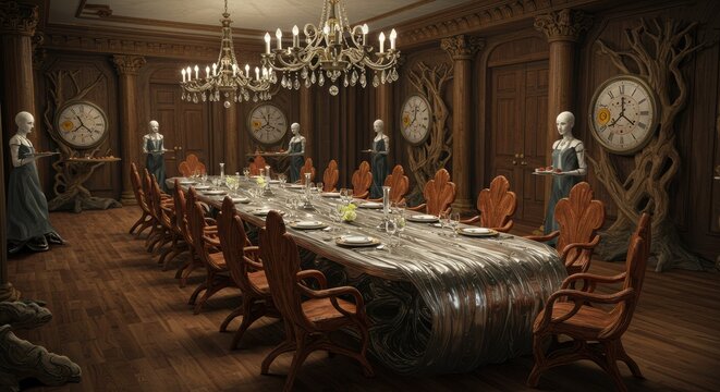 A dining room where the long table is a river of polished, flowing silver. The chairs are grown from ancient, polished rosewood roots and guests are served by silent, graceful clockwork automatons.