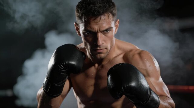 Focused male boxer in action pose with smoke background