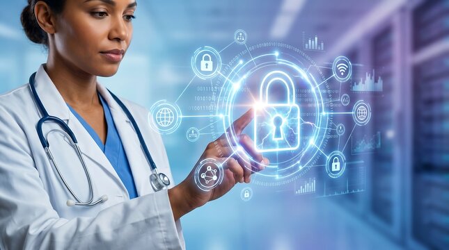 Medical Professional Touching Digital Lock for Healthcare Data Security and Privacy Protection.