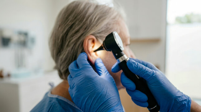 Doctor examining the ear of an elderly patient with an otoscope