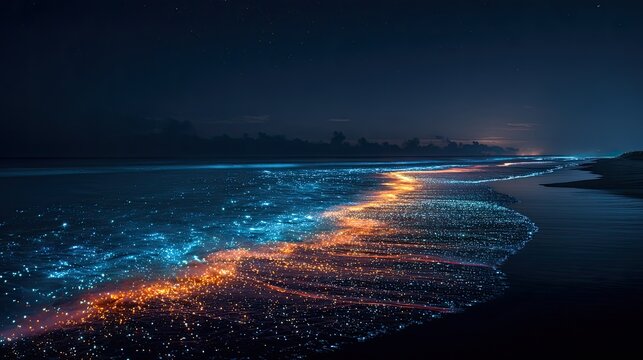 Bioluminescent waves glow at night on a dark, starry beach