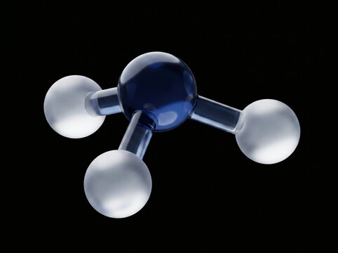 Ammonia Molecule NH3 3D Rendering with Blue Nitrogen Atom and Three White Hydrogen Atoms on Black Background High Resolution Scientific Chemistry Illustration for Educational Lab Research Clean energy