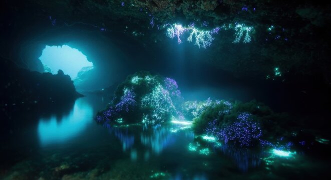 Bioluminescent flora illuminates a mysterious aquatic cave at night
