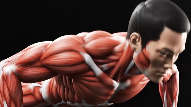 3D anatomical illustration of a man showing muscular system while performing a pushup on a black background