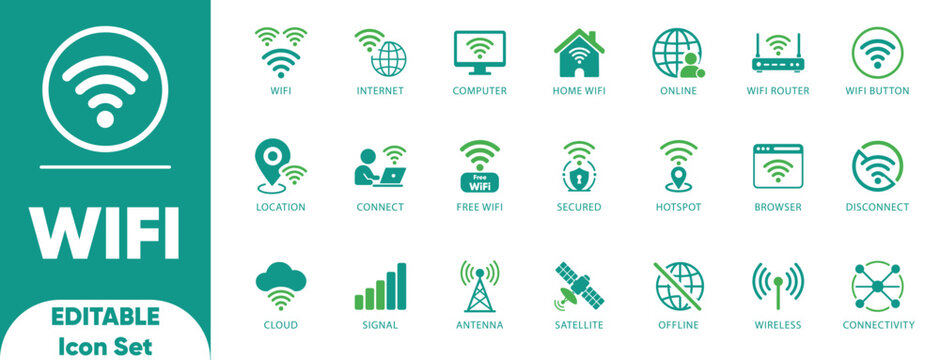 Wifi icon set. buttons, connectivity, transfer, browser, signal, wireless, internet, computer, connect, hotspot, and solid icons.