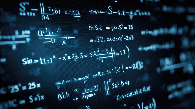 Abstract blue background with glowing complex mathematical equations