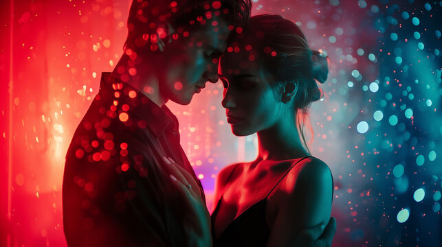 A romantic young couple stands close together in a cinematic atmosphere filled with red and blue neon lights bokeh effects and emotional intimacy for love.