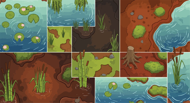 Top-down swamp game tileset, cartoon marsh landscape vector, pond and wetland environment textures for level design, 2D game map assets