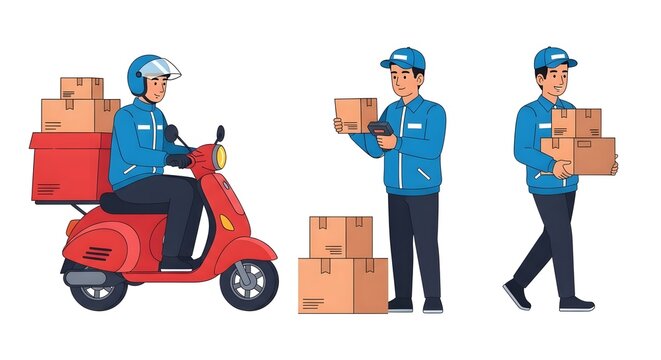 Dedicated Delivery Service Workers Managing Packages with Scooter and Scanning Device, Representing Efficient Logistics and Modern Courier Operations for E-commerce Businesses