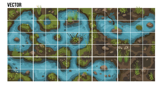 Fantasy swamp battle map vector, tabletop RPG river terrain tiles, overhead game environment with water and mud, modular forest stream grid
