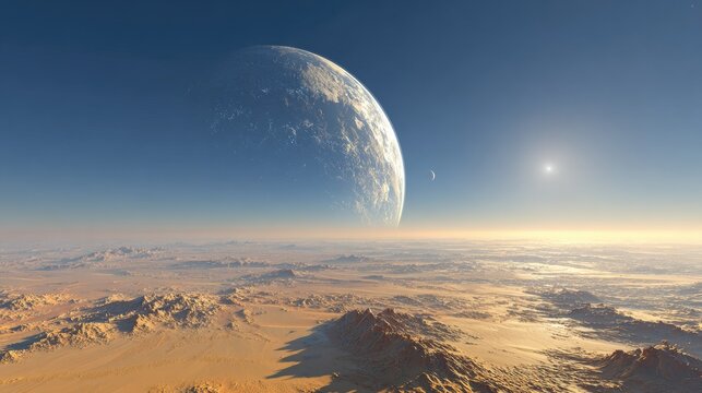Alien planet landscape with large moon and distant sun
