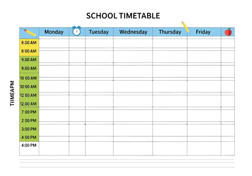 A blank school timetable with days and times