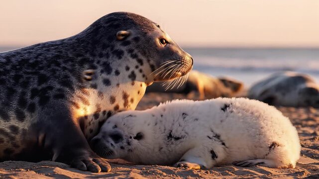 Mother Seal and Pup Resting on Sandy Beach at Sunset.
