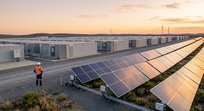 Professional engineer standing at massive solar battery storage facility
