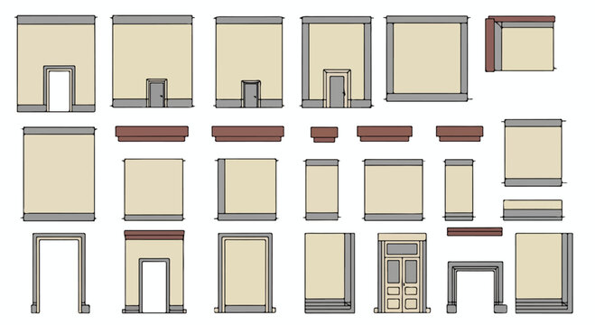 Architectural building elements set, classic facade construction kit with doors and windows, modular exterior wall components for house design