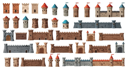 Medieval castle walls and towers vector set, ancient stone fortress construction elements, historical kingdom fortification icons for game design © Allah k hwaly