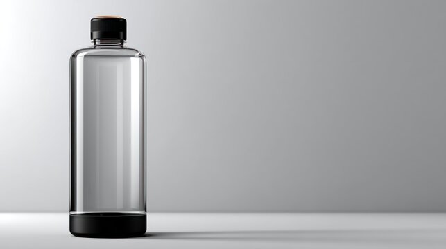 A transparent plastic water bottle with a black cap, placed on a white surface with a gray background. The bottle is filled with water and has a shadow cast on the surface below it.