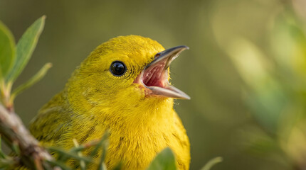 Obraz premium Closeup portrait of a vibrant yellow warbler singing on a branch
