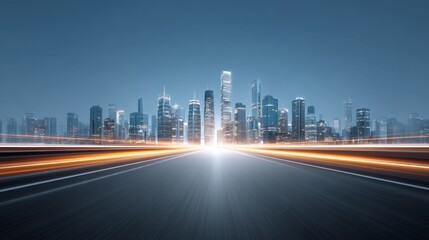Fototapeta premium Stunning city skyline with bright streaks of fast-moving traffic illuminating the scene in twilight, capturing urban energy and vibrant nightlife.