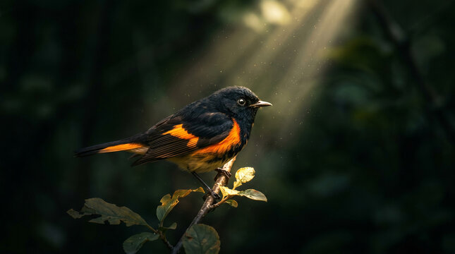 American redstart perched on a branch in the forest