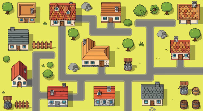 Pixel art village map with houses and roads, retro 2D game environment vector, top-down suburban neighborhood landscape for indie gaming