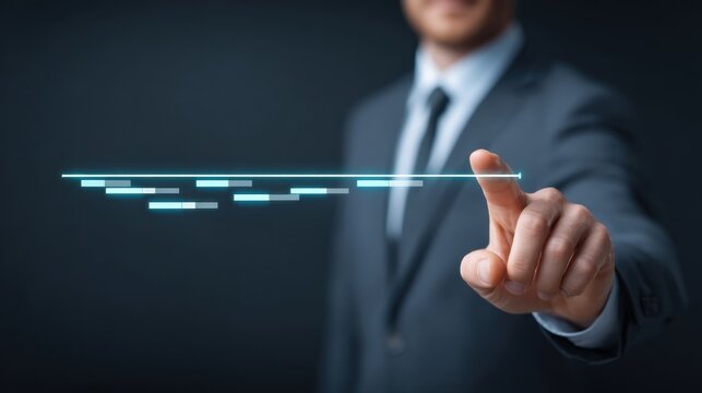 Professional adjusting a holographic timeline slider while wearing a suit in a dark environment, representing futuristic technology and data management