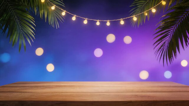 Wooden table with festive string lights and tropical leaves background