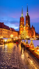 Obraz premium A blurry nighttime scene of a European town square