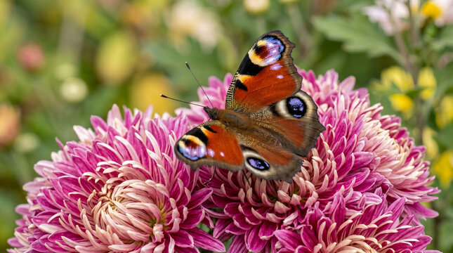 Peacock butterfly resting on a vibrant pink chrysanthemum flower