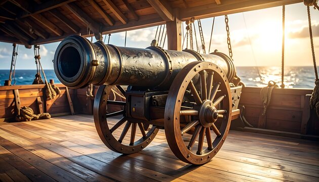 A historic cannon on a wooden deck overlooking the ocean at sunset