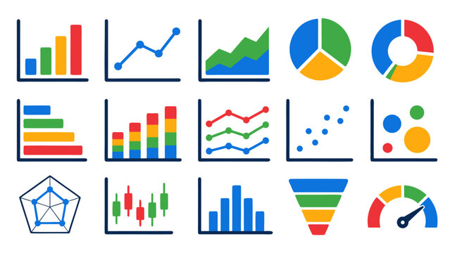 types of charts, diagrams and percentages vector icon and symbol